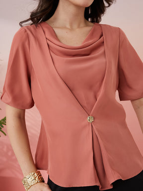 Latin Quarters Women's Peach Solid Cowl Neck Half Sleeves Casual Top
