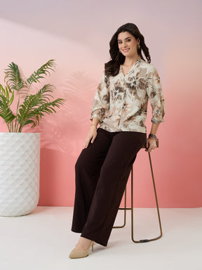 Latin Quarters Women's Beige Printed V-Neck 3/4th Sleeves Casual Top