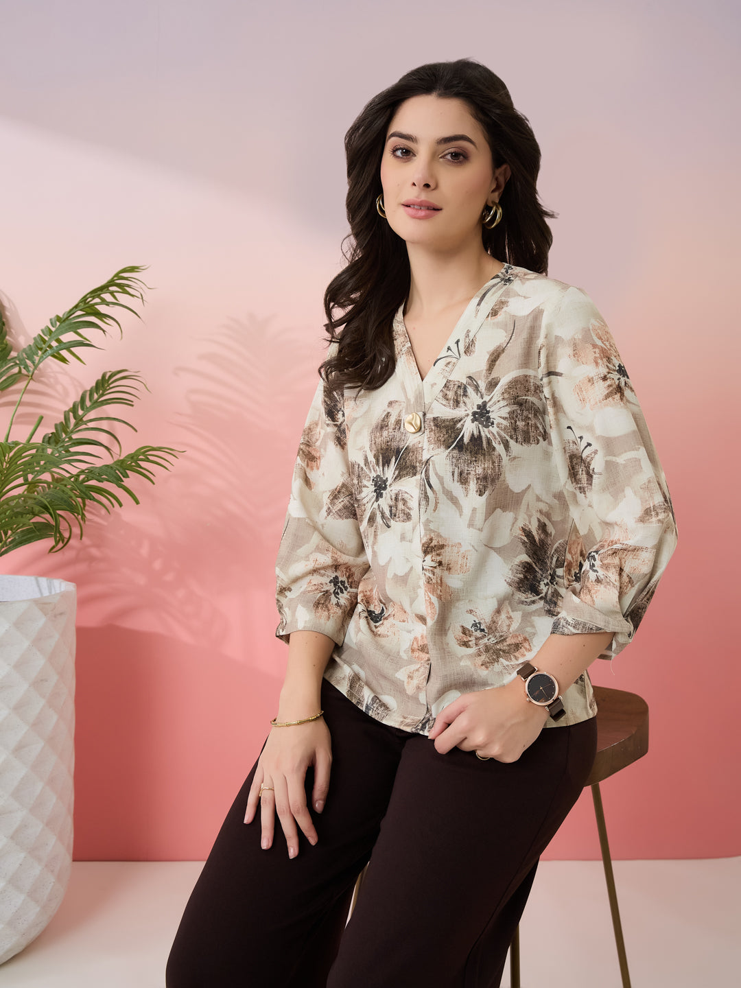 Latin Quarters Women's Beige Printed V-Neck 3/4th Sleeves Casual Top