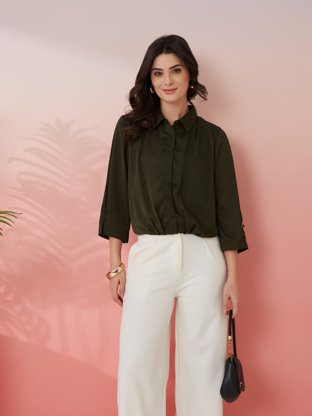 Latin Quarters Women's Olive Solid Collar Neck 3/4th Sleeves Casual Shirt