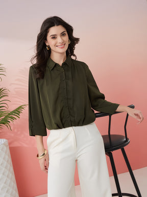 Latin Quarters Women's Olive Solid Collar Neck 3/4th Sleeves Casual Shirt