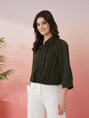 Latin Quarters Women's Olive Solid Collar Neck 3/4th Sleeves Casual Shirt