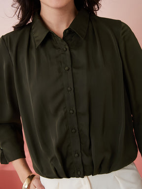 Latin Quarters Women's Olive Solid Collar Neck 3/4th Sleeves Casual Shirt