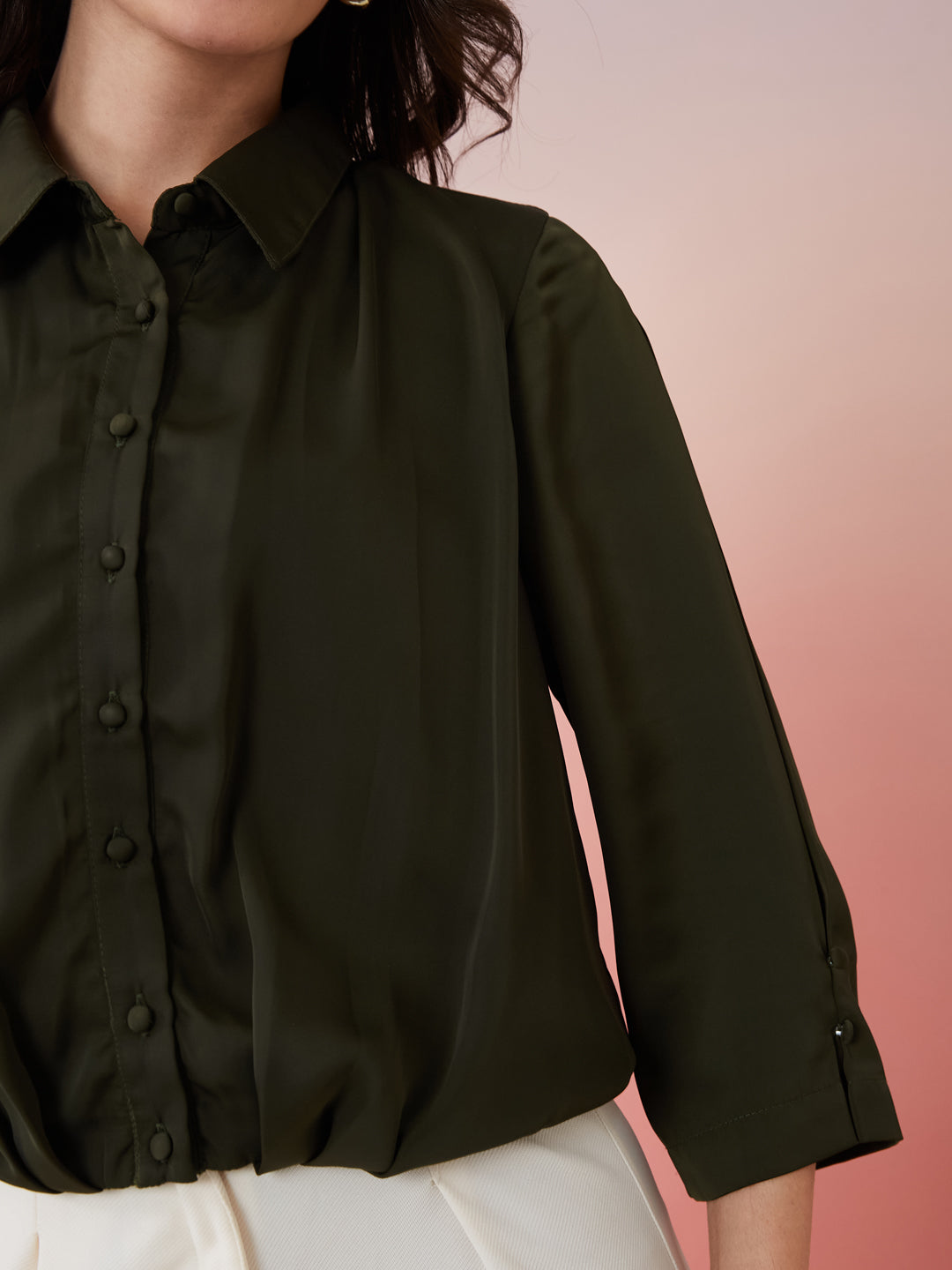 Latin Quarters Women's Olive Solid Collar Neck 3/4th Sleeves Casual Shirt