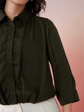 Latin Quarters Women's Olive Solid Collar Neck 3/4th Sleeves Casual Shirt