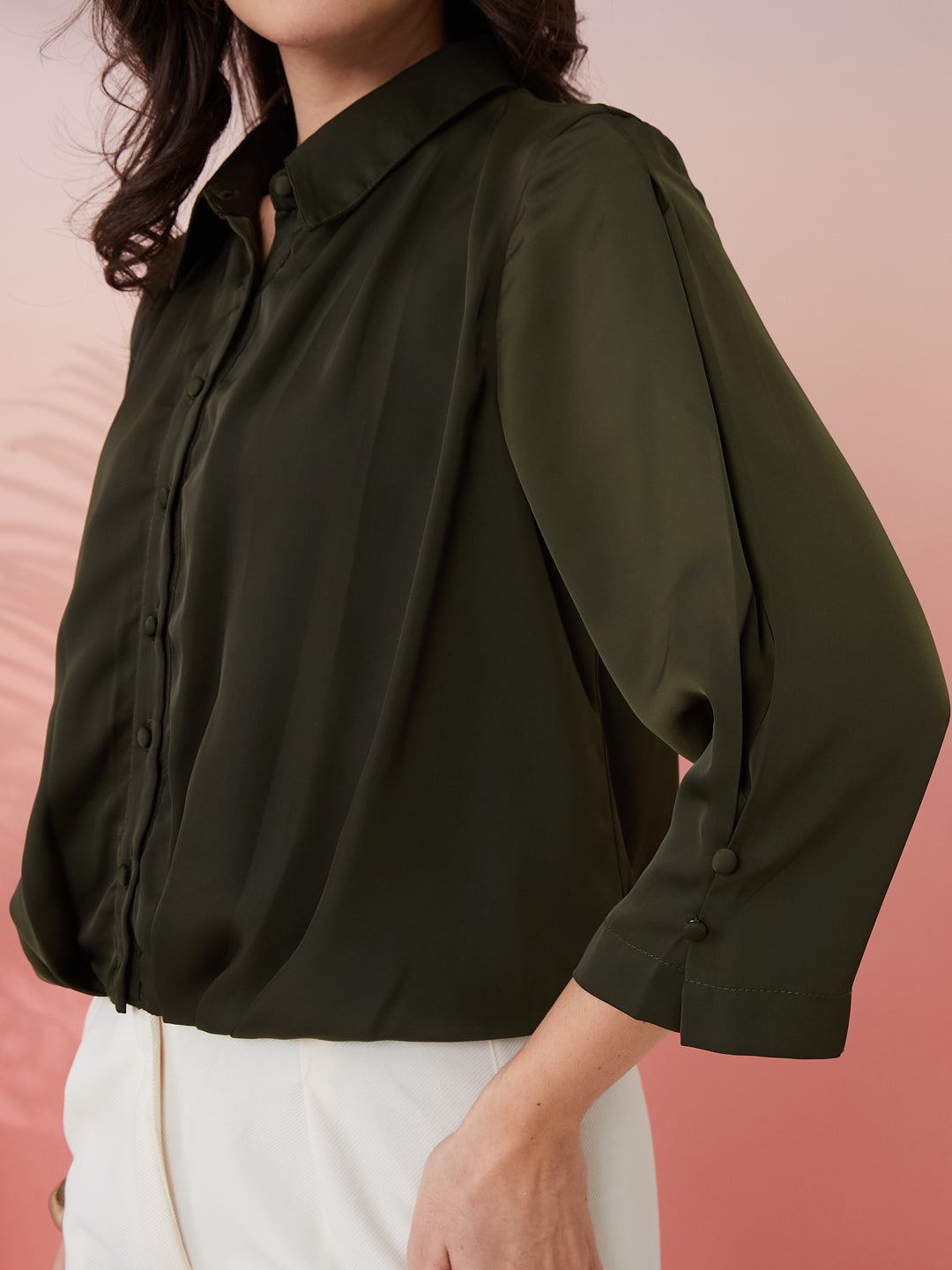 Latin Quarters Women's Olive Solid Collar Neck 3/4th Sleeves Casual Shirt