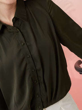 Latin Quarters Women's Olive Solid Collar Neck 3/4th Sleeves Casual Shirt