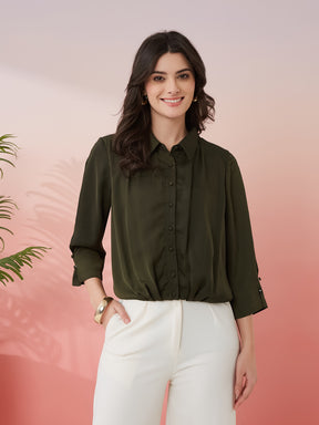 Latin Quarters Women's Olive Solid Collar Neck 3/4th Sleeves Casual Shirt
