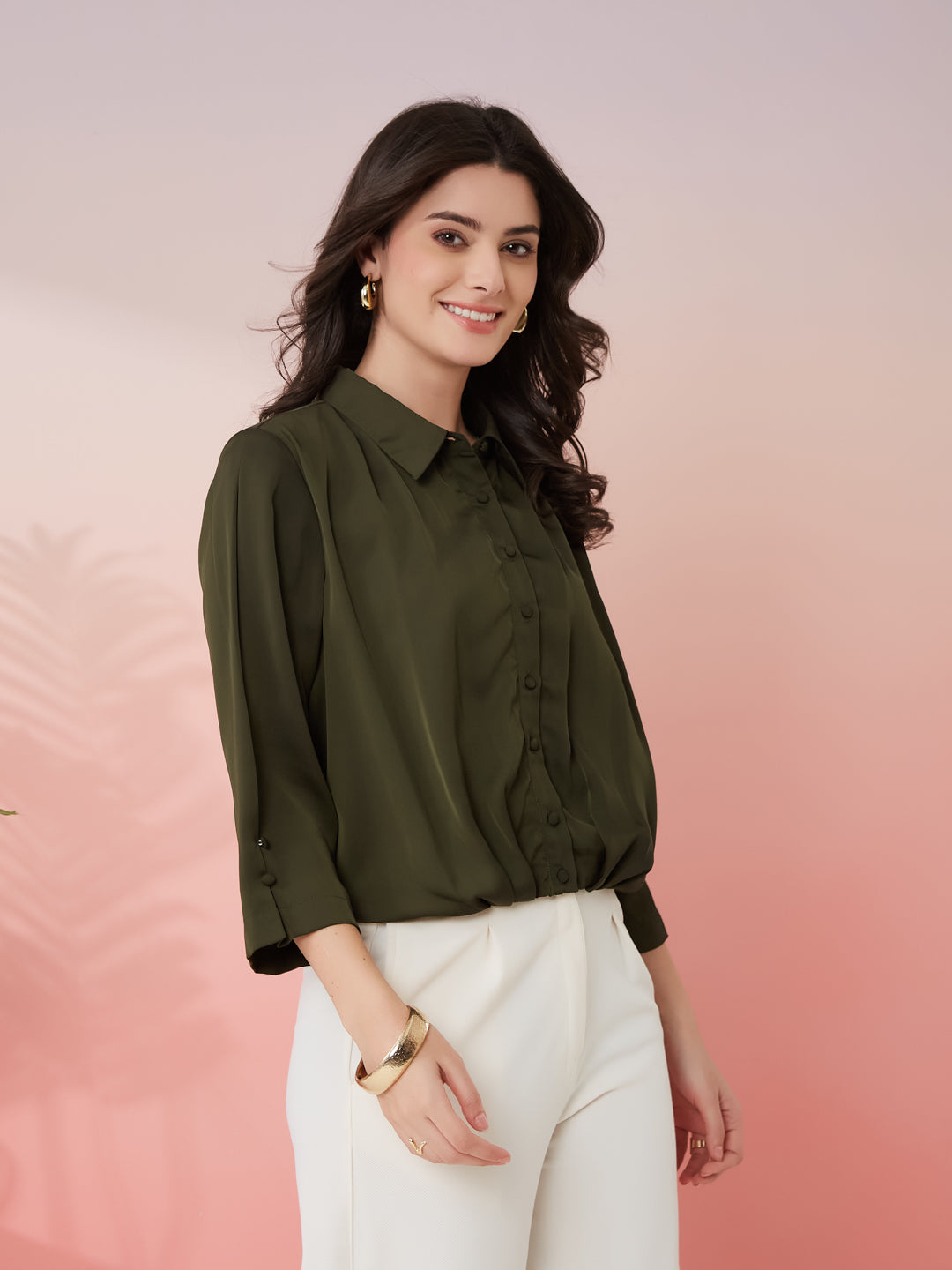 Latin Quarters Women's Olive Solid Collar Neck 3/4th Sleeves Casual Shirt