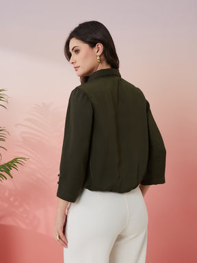 Latin Quarters Women's Olive Solid Collar Neck 3/4th Sleeves Casual Shirt