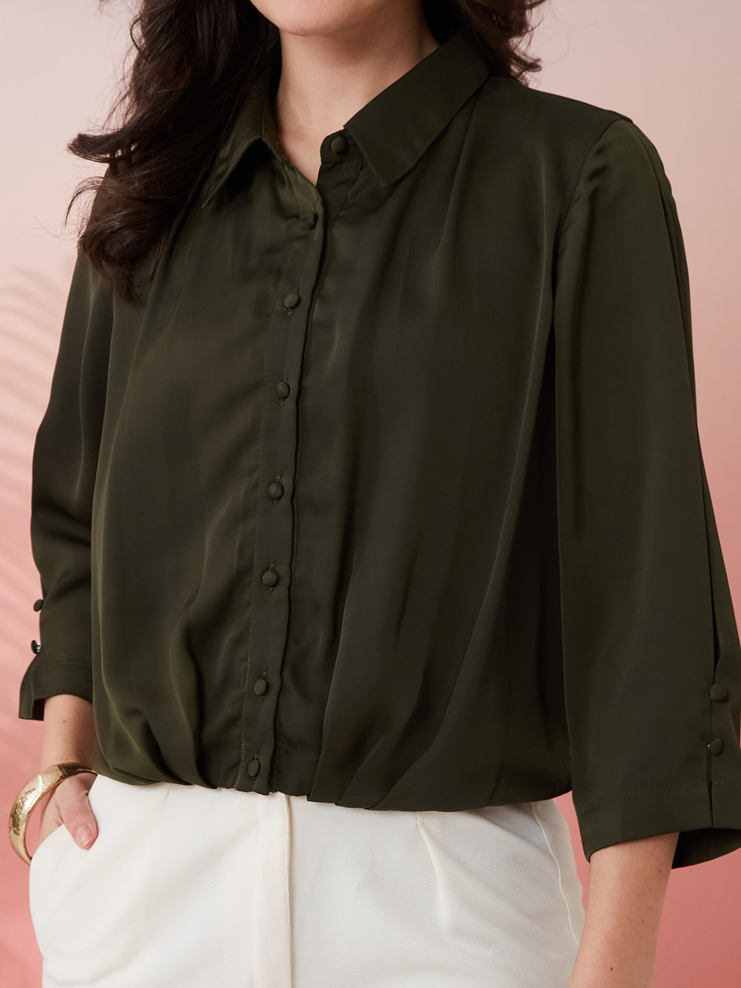 Latin Quarters Women's Olive Solid Collar Neck 3/4th Sleeves Casual Shirt