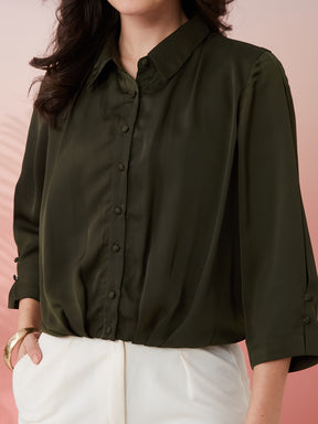 Latin Quarters Women's Olive Solid Collar Neck 3/4th Sleeves Casual Shirt