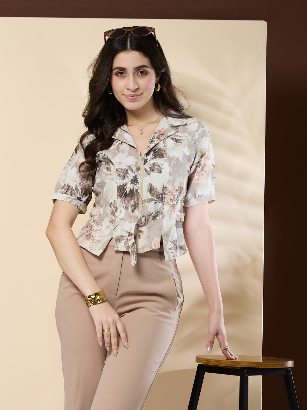Latin Quarters Women's Printed Beige Half Sleeve Collar Neck Casual Shirt