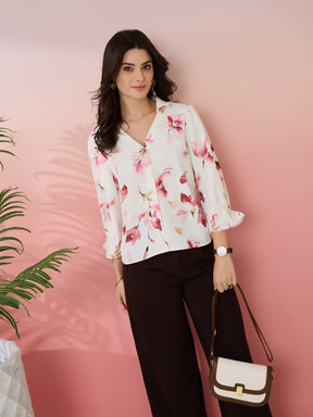 Latin Quarters Women's White Printed Collar Neck 3/4th Sleeves Casual Top