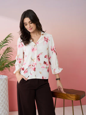 Latin Quarters Women's White Printed Collar Neck 3/4th Sleeves Casual Top