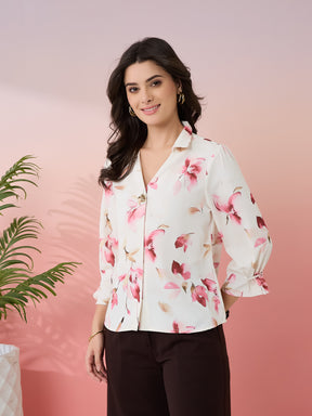 Latin Quarters Women's White Printed Collar Neck 3/4th Sleeves Casual Top