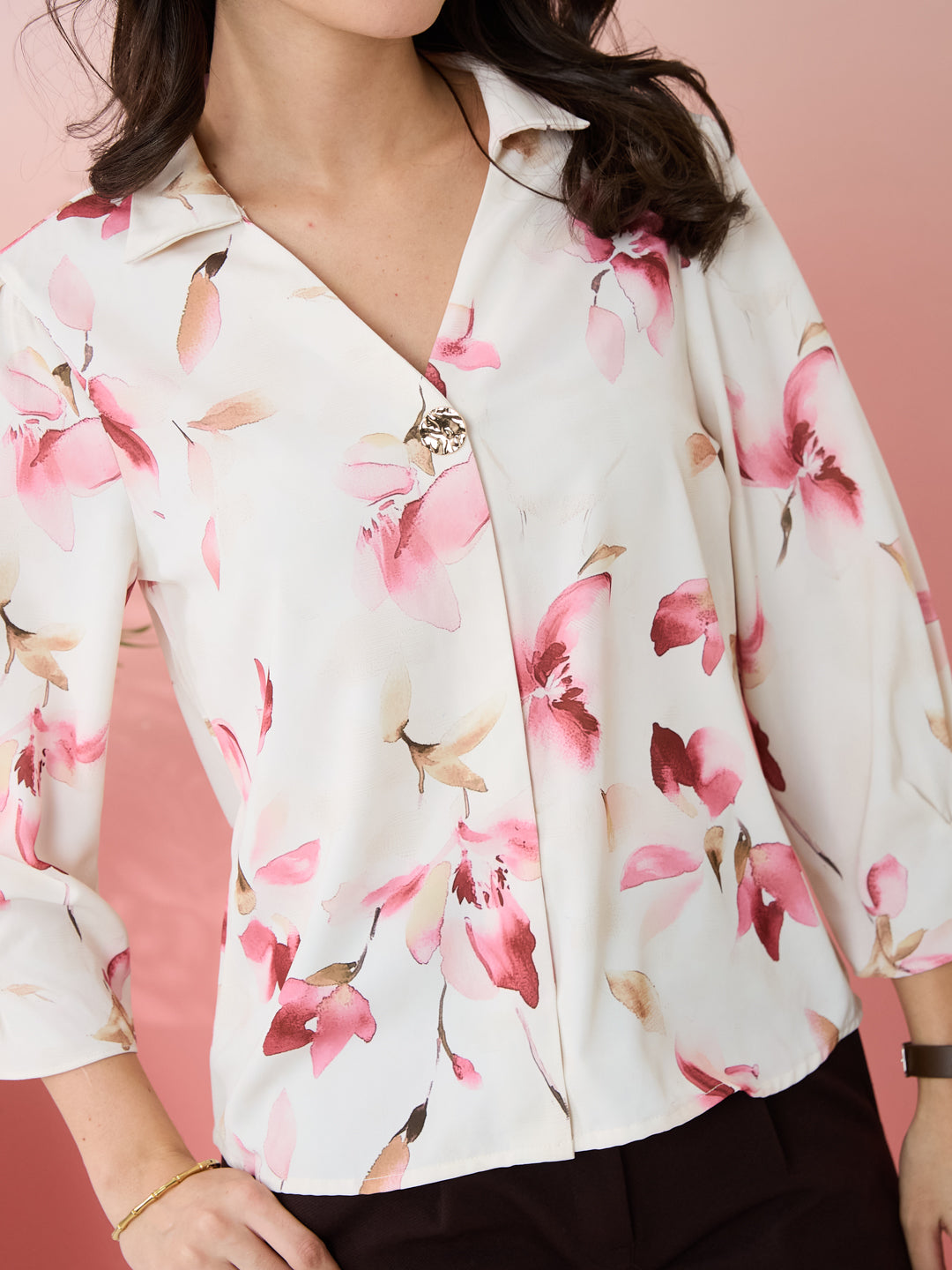 Latin Quarters Women's White Printed Collar Neck 3/4th Sleeves Casual Top