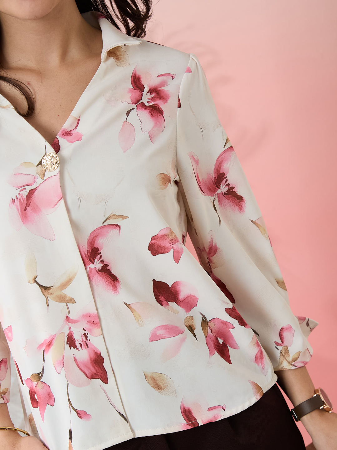 Latin Quarters Women's White Printed Collar Neck 3/4th Sleeves Casual Top
