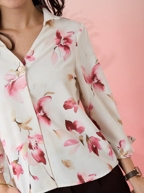 Latin Quarters Women's White Printed Collar Neck 3/4th Sleeves Casual Top