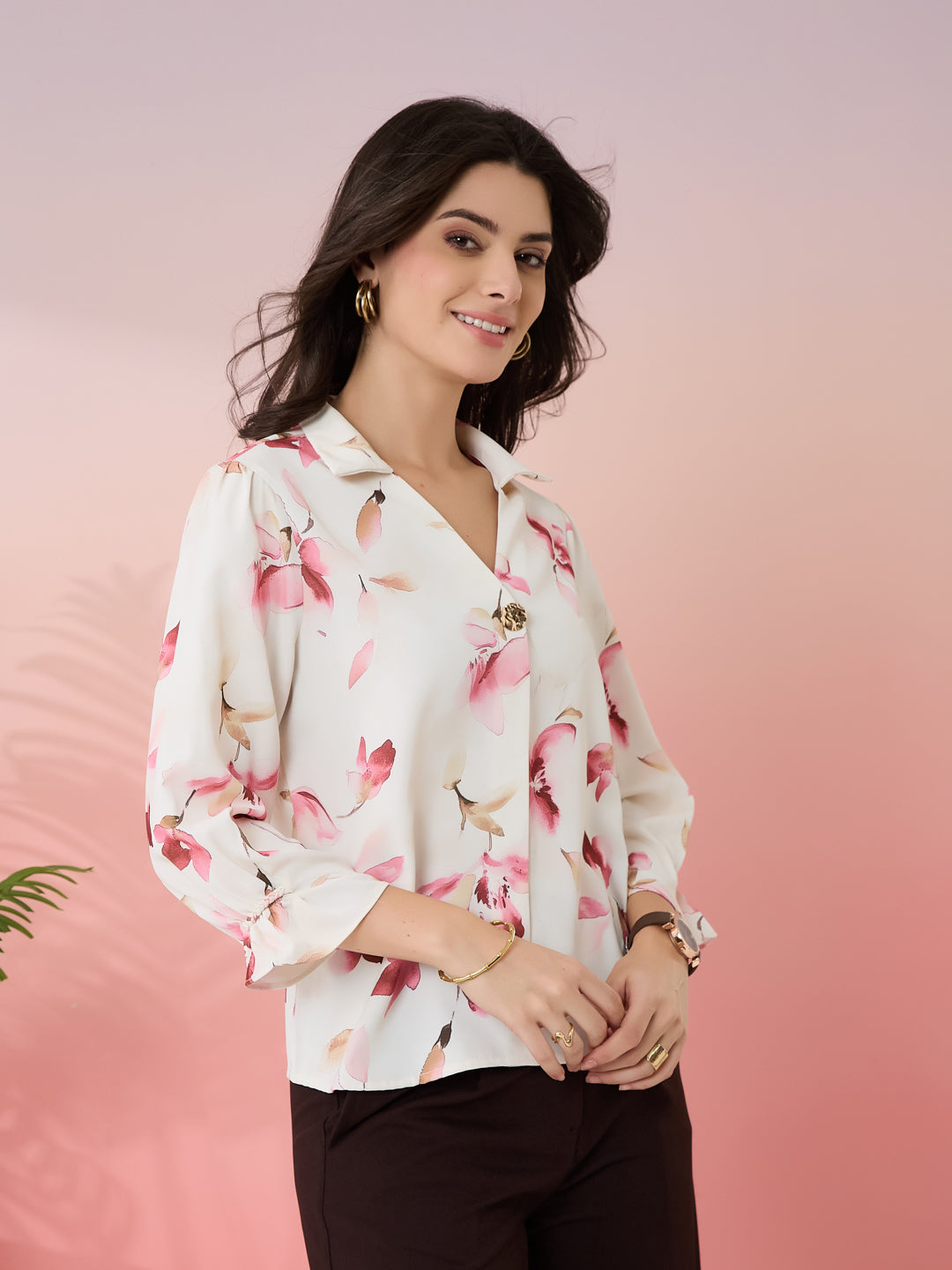 Latin Quarters Women's White Printed Collar Neck 3/4th Sleeves Casual Top