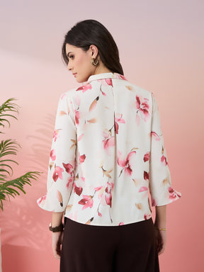 Latin Quarters Women's White Printed Collar Neck 3/4th Sleeves Casual Top
