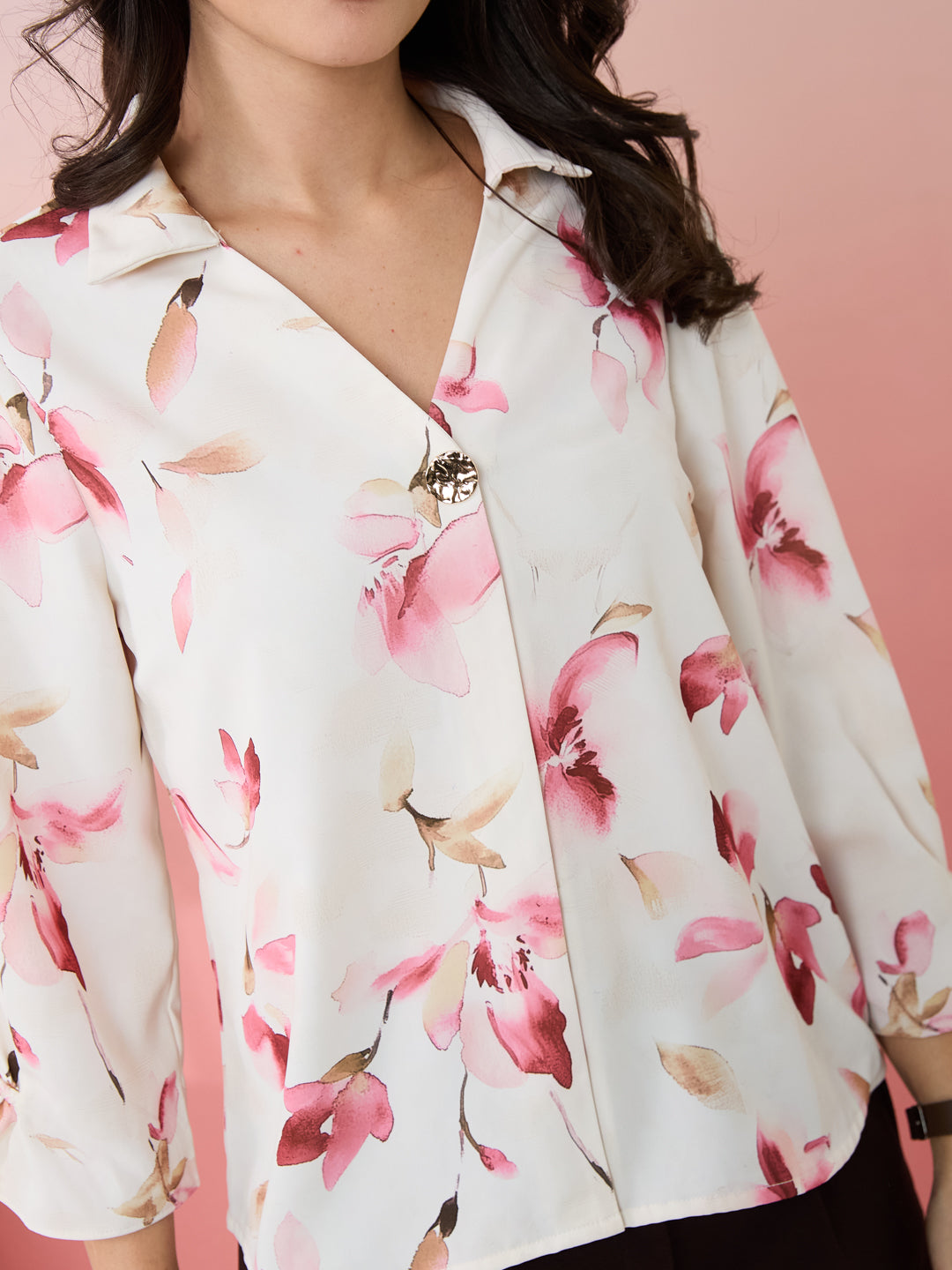 Latin Quarters Women's White Printed Collar Neck 3/4th Sleeves Casual Top