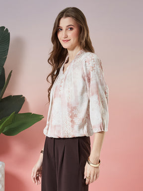 Latin Quarters Women's Pink Printed 3/4th Sleeve V-Neck Casual Top