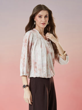 Latin Quarters Women's Pink Printed 3/4th Sleeve V-Neck Casual Top