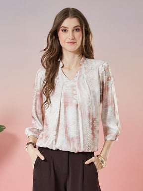 Latin Quarters Women's Pink Printed 3/4th Sleeve V-Neck Casual Top