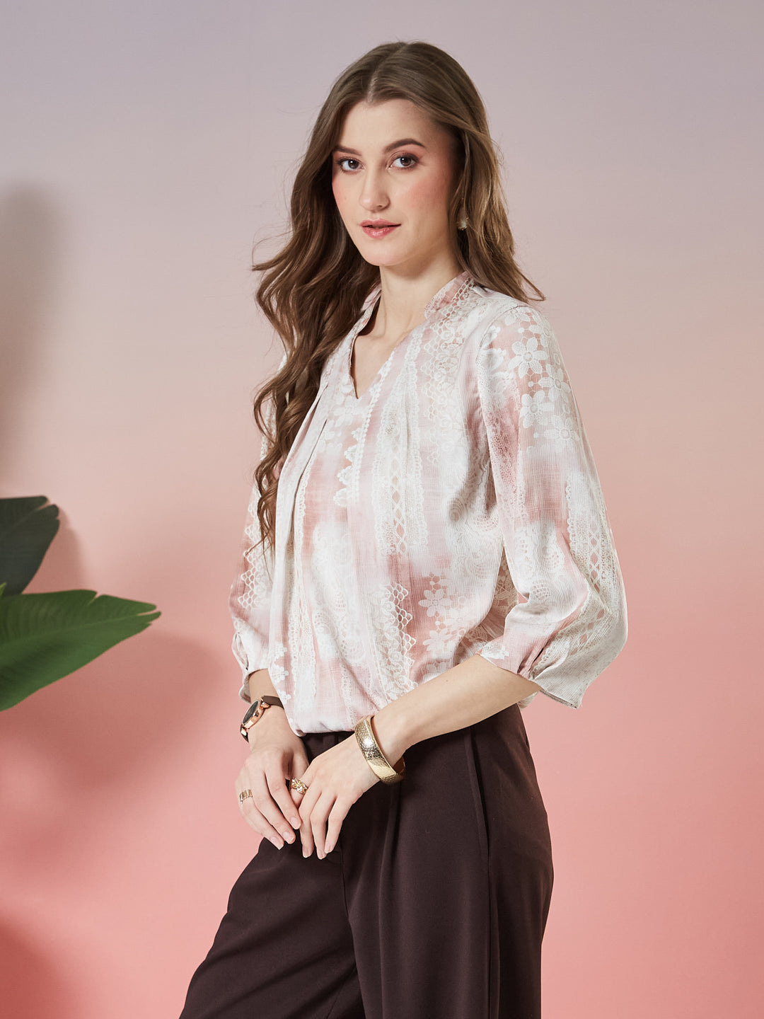 Latin Quarters Women's Pink Printed 3/4th Sleeve V-Neck Casual Top