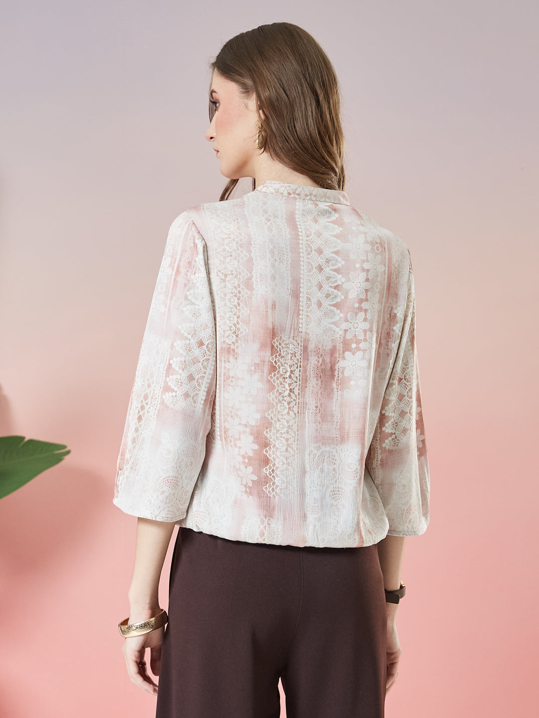 Latin Quarters Women's Pink Printed 3/4th Sleeve V-Neck Casual Top