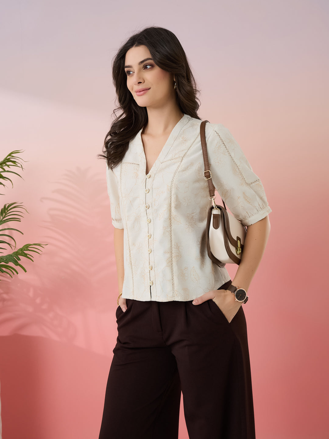 Latin Quarters Women's Beige Embroidery V-Neck Half Sleeves Casual Top