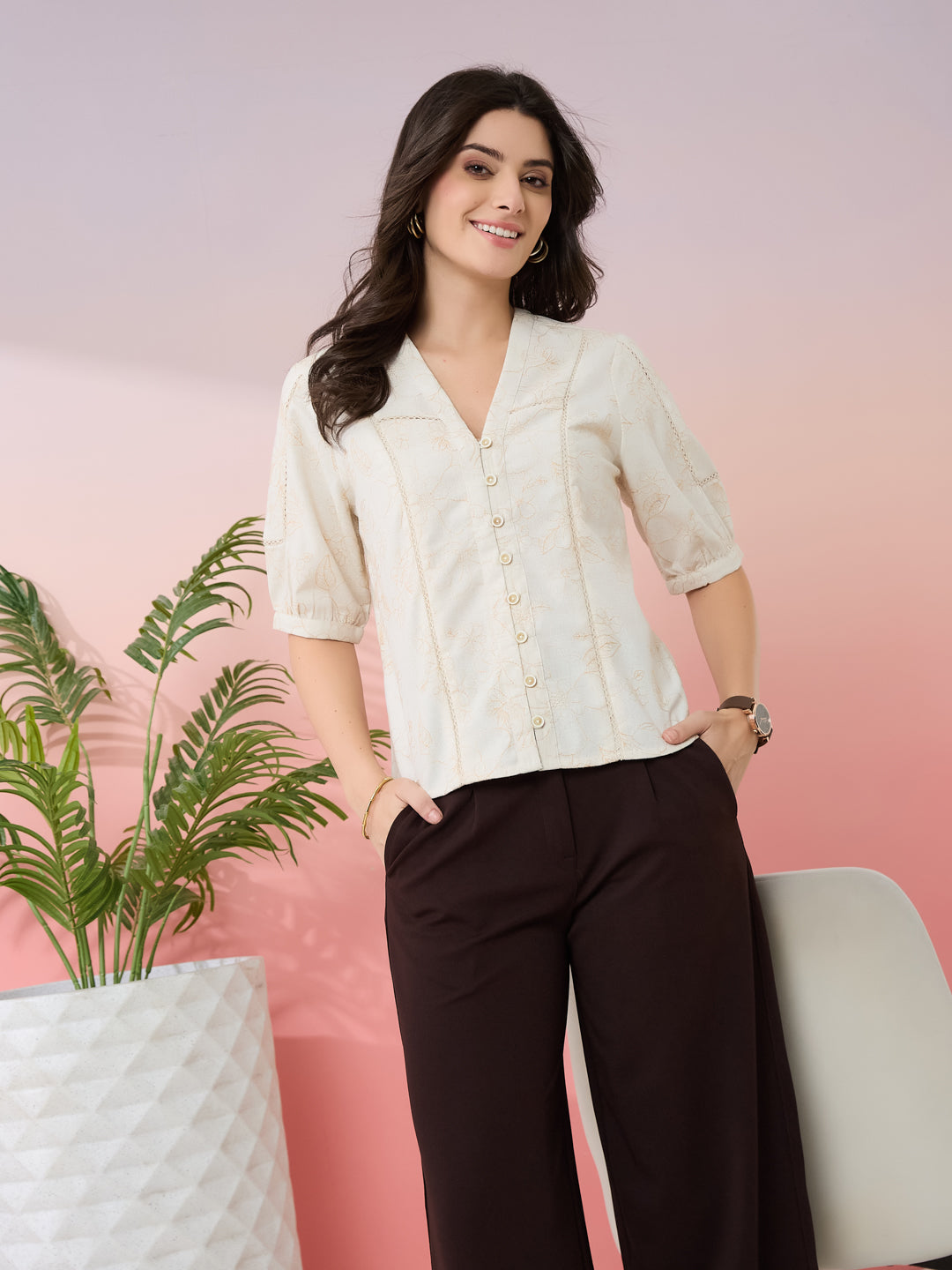 Latin Quarters Women's Beige Embroidery V-Neck Half Sleeves Casual Top
