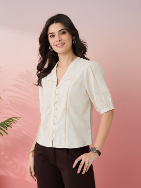 Latin Quarters Women's Beige Embroidery V-Neck Half Sleeves Casual Top