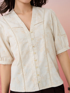 Latin Quarters Women's Beige Embroidery V-Neck Half Sleeves Casual Top