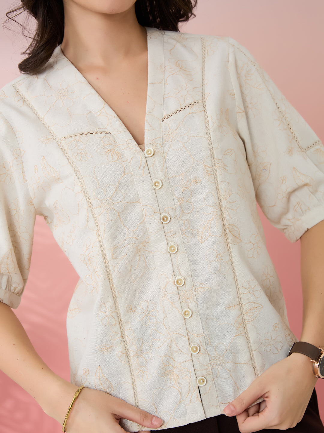 Latin Quarters Women's Beige Embroidery V-Neck Half Sleeves Casual Top