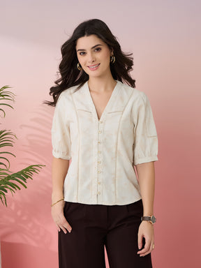Latin Quarters Women's Beige Embroidery V-Neck Half Sleeves Casual Top
