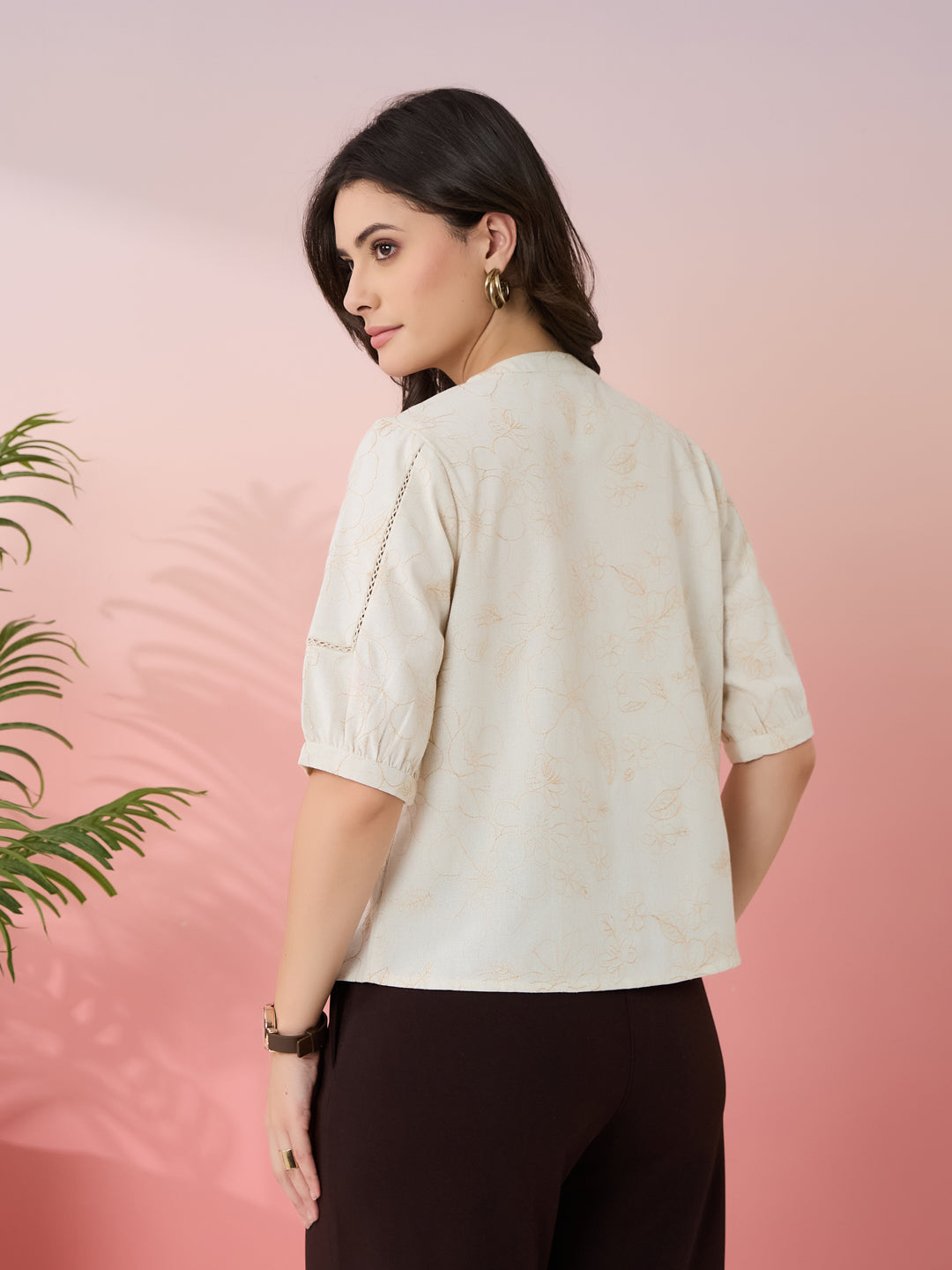 Latin Quarters Women's Beige Embroidery V-Neck Half Sleeves Casual Top