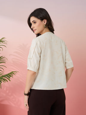 Latin Quarters Women's Beige Embroidery V-Neck Half Sleeves Casual Top