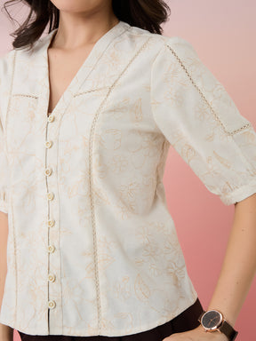 Latin Quarters Women's Beige Embroidery V-Neck Half Sleeves Casual Top