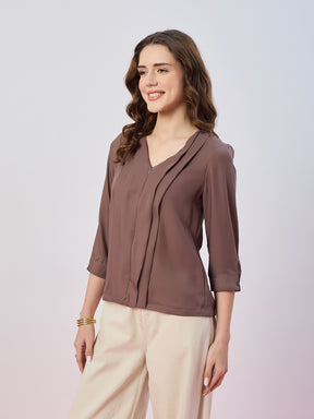 Latin Quarters Women's Brown Solid 3/4th Sleeves V-Neck Casual Top
