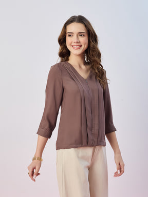 Latin Quarters Women's Brown Solid 3/4th Sleeves V-Neck Casual Top