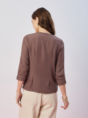 Latin Quarters Women's Brown Solid 3/4th Sleeves V-Neck Casual Top