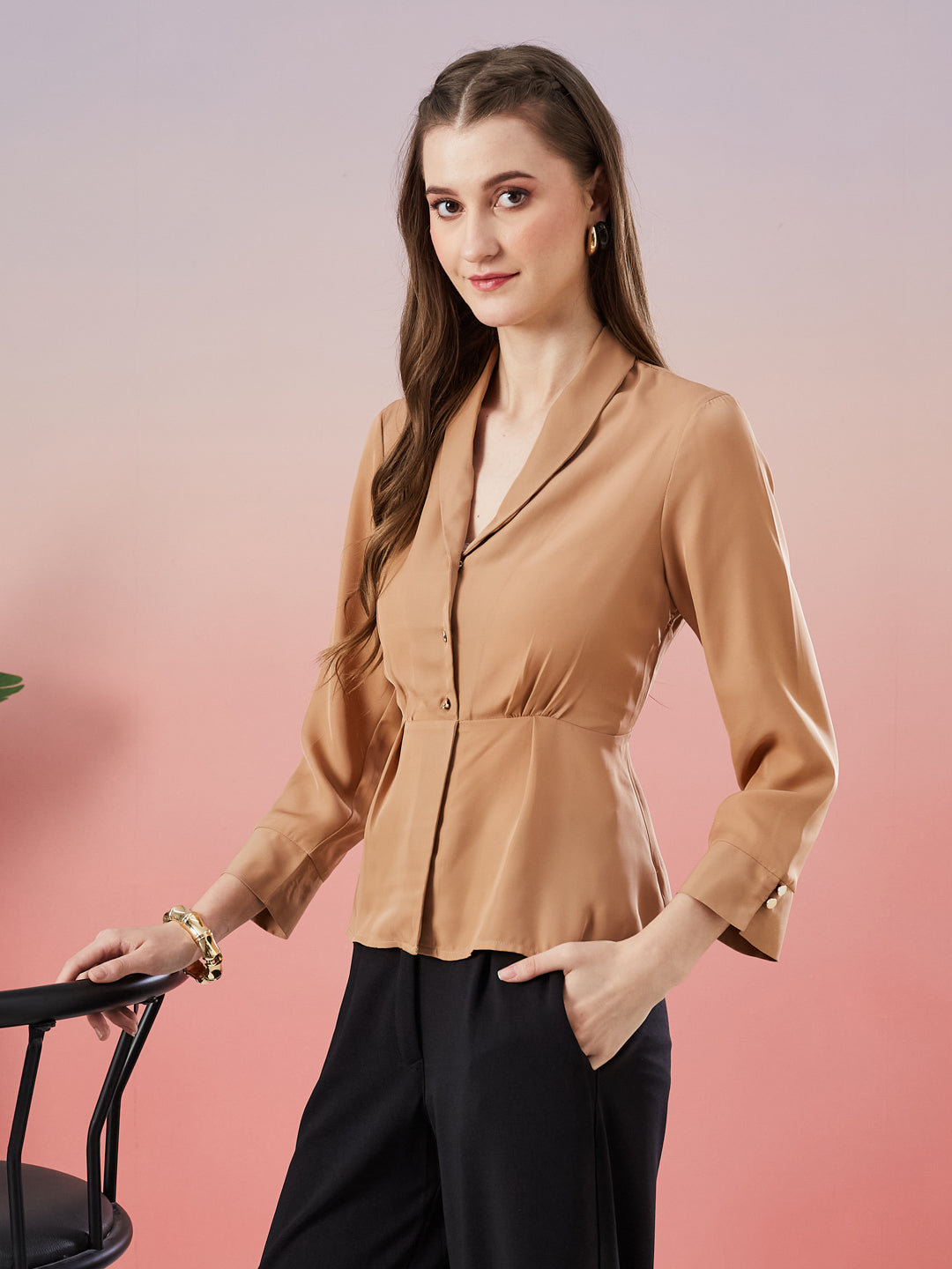 Latin Quarters Women's Beige Solid 3/4th Sleeve V-Neck Casual Top