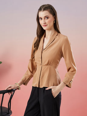 Latin Quarters Women's Beige Solid 3/4th Sleeve V-Neck Casual Top