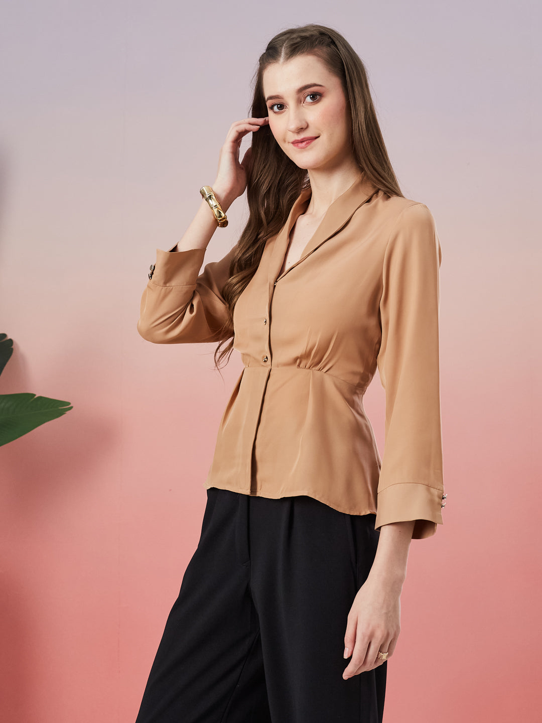 Latin Quarters Women's Beige Solid 3/4th Sleeve V-Neck Casual Top