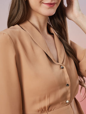 Latin Quarters Women's Beige Solid 3/4th Sleeve V-Neck Casual Top