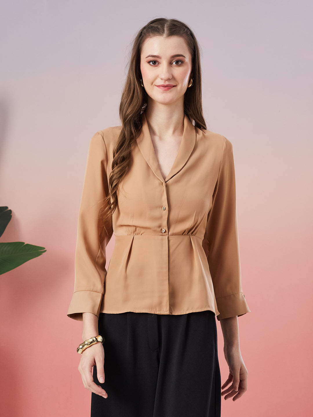 Latin Quarters Women's Beige Solid 3/4th Sleeve V-Neck Casual Top