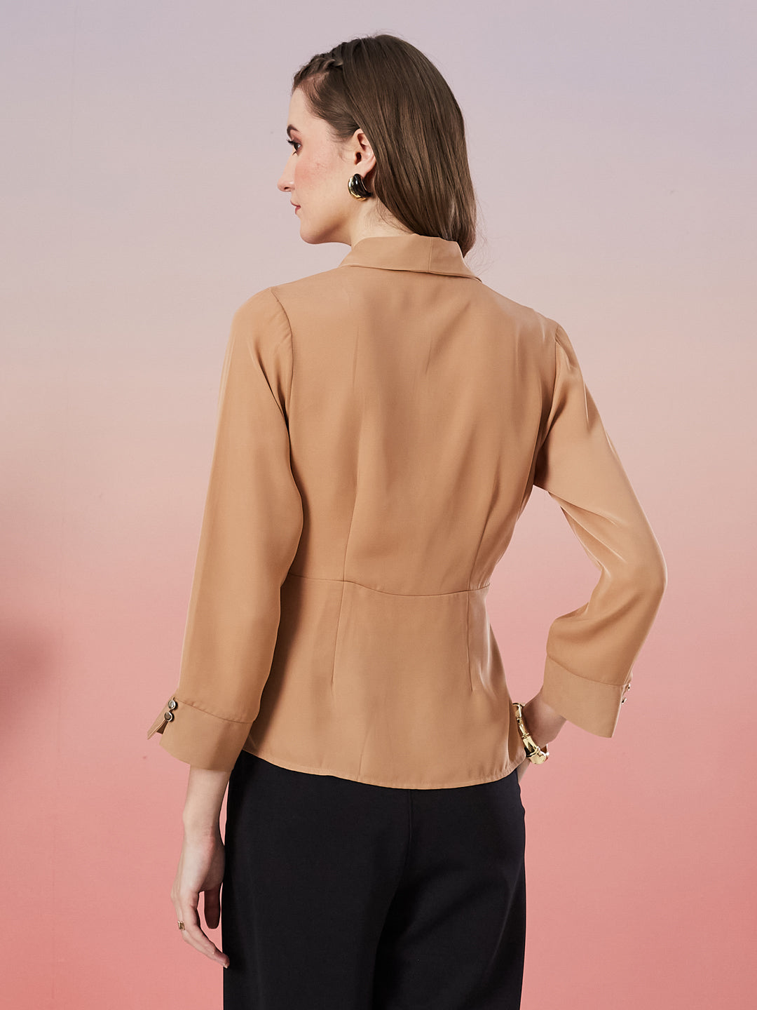 Latin Quarters Women's Beige Solid 3/4th Sleeve V-Neck Casual Top