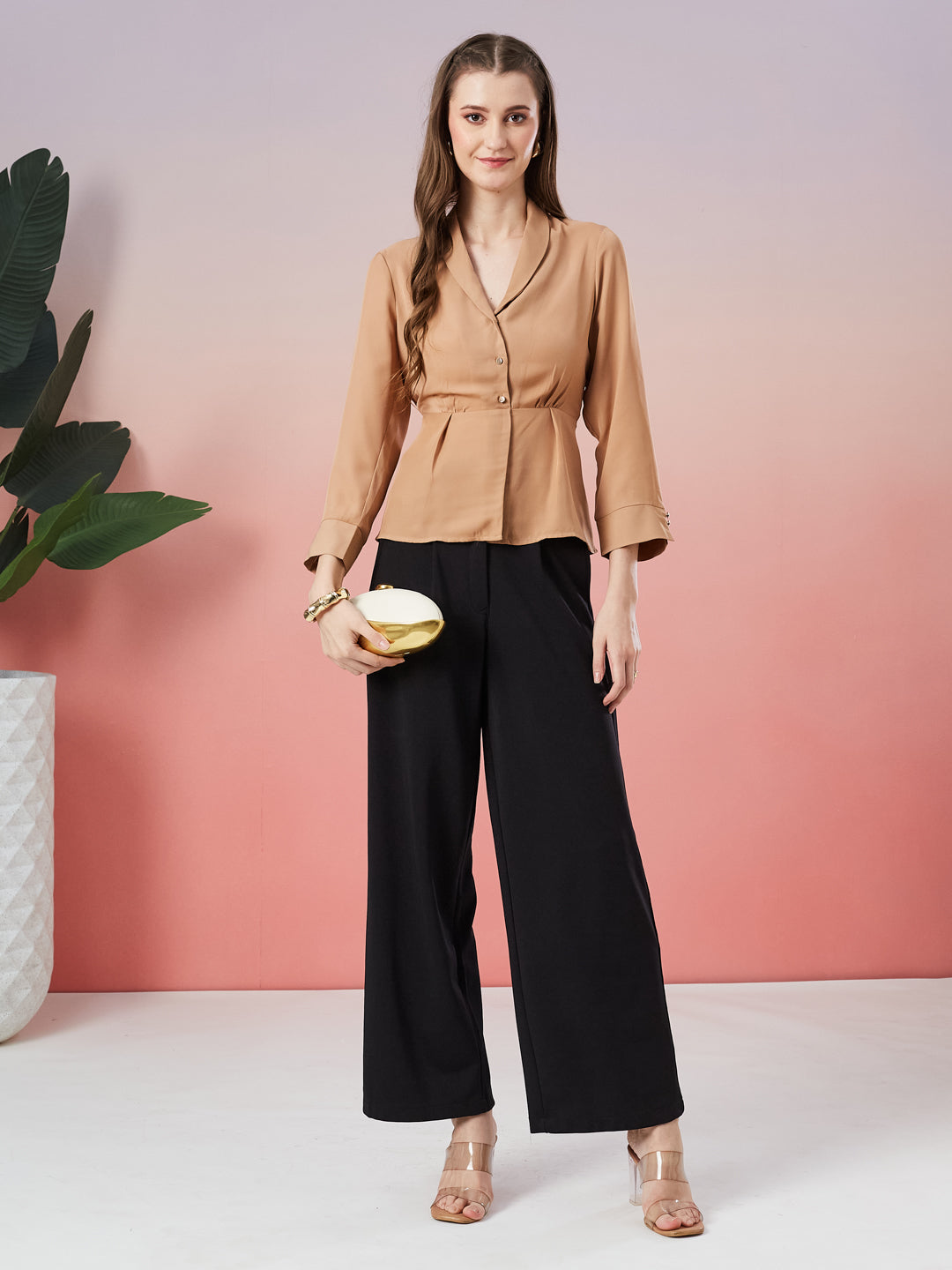 Latin Quarters Women's Beige Solid 3/4th Sleeve V-Neck Casual Top
